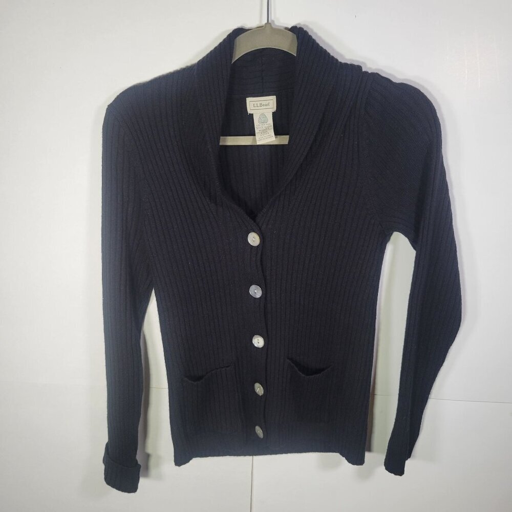 L.L. Bean Women Black Ribbed Wool Cardigan Sweater With Pockets Size S